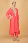 Buy_Tanu Malhotra_Coral Cotton, Silk Embroidery V-neck Pink Kaftaan And Pant Set _Online_at_Aza_Fashions