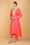 Tanu Malhotra_Coral Cotton, Silk Embroidery V-neck Pink Kaftaan And Pant Set _at_Aza_Fashions