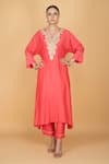 Buy_Tanu Malhotra_Coral Cotton, Silk Embroidery V-neck Pink Kaftaan And Pant Set _at_Aza_Fashions
