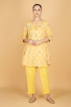 Buy_Tanu Malhotra_Yellow Cotton Embroidery Round Neck Floral Print Lime Kurta And Pant Set _at_Aza_Fashions