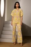 Buy_Label Deepika Nagpal_Yellow Mesh Embroidery Collared Bonnie Sunshine Pant Co-ord Set _at_Aza_Fashions