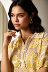 Label Deepika Nagpal_Yellow Mesh Embroidery Collared Bonnie Sunshine Pant Co-ord Set _at_Aza_Fashions