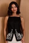 Label Deepika Nagpal_Black Cotton, Linen Embroidery Square Neck Zora Skirt Co-ord Set  _Online_at_Aza_Fashions