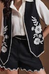 Buy_Label Deepika Nagpal_Black Cotton, Linen Embroidery V-neck, Collared Floral Camille Co-ord Set _Online_at_Aza_Fashions