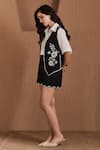 Label Deepika Nagpal_Black Cotton, Linen Embroidery V-neck, Collared Floral Camille Co-ord Set _at_Aza_Fashions
