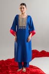 Shop_Anantaa By Roohi X AZA_Blue Silk, Chanderi Sequins, Pearls Round Embroidered Royal Kaftan And Pant Set 