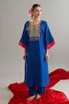 Anantaa By Roohi X AZA_Blue Silk, Chanderi Sequins, Pearls Round Embroidered Royal Kaftan And Pant Set 