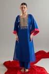 Anantaa By Roohi X AZA_Blue Silk, Chanderi Sequins, Pearls Round Embroidered Royal Kaftan And Pant Set 