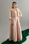 Shop_Anantaa By Roohi X AZA_Beige Silk, Chanderi Sequins, Pearls, Zari, Cut Work, Anarkali And Jacket Set 