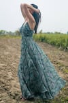 Shop_Gazab by Miku Kumar_Green Organza Halter Neck Palm Escape Maxi Dress _Online_at_Aza_Fashions