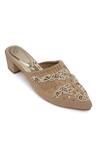 Shop_NR By Nidhi Rathi_Beige Pearls, Sequins Suede Embellished Mid-top Heels _Online_at_Aza_Fashions