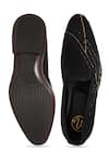 Shop_NR By Nidhi Rathi_Black Embroidery Colourblocked Suede Slip-on Derbys _at_Aza_Fashions
