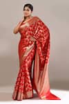 Shop_Naintara Bajaj_Red Silk Flower Banarasi Woven Saree With Running Blouse _Online_at_Aza_Fashions