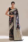 Buy_Samyukta Singhania_Navy Flower Weave Banarasi Silk Saree With Running Blouse _at_Aza_Fashions
