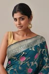 Shop_Samyukta Singhania_Teal Embroidery Flower Weave Banarasi Silk Saree With Running Blouse _Online_at_Aza_Fashions