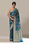 Buy_Samyukta Singhania_Teal Embroidery Flower Weave Banarasi Silk Saree With Running Blouse _at_Aza_Fashions