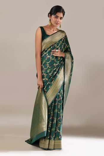 Buy_Samyukta Singhania_Green Embroidery Flower Weave Banarasi Silk Saree With Running Blouse _Online_at_Aza_Fashions