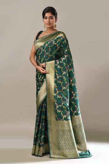 Shop_Samyukta Singhania_Green Embroidery Flower Weave Banarasi Silk Saree With Running Blouse _Online_at_Aza_Fashions