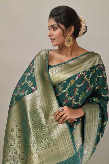 Samyukta Singhania_Green Embroidery Flower Weave Banarasi Silk Saree With Running Blouse _at_Aza_Fashions