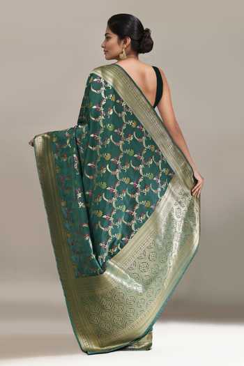 Shop_Samyukta Singhania_Green Embroidery Flower Weave Banarasi Silk Saree With Running Blouse _at_Aza_Fashions