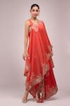 Shop_Anamika Khanna_Coral Chiffon Embroidery Round Neck Draped Skirt Set 