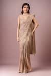 Buy_Tarun Tahiliani_Rose Gold Silk Sequins, Lace, Embroidery Square Neck Saree With Blouse _at_Aza_Fashions