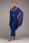 Buy_Anamika Khanna_Blue High , Square Indigo Pleated Long Capelet Set _at_Aza_Fashions