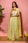 Buy_Meher By Islie_Yellow Crepe Embroidery Round , Open Printed Lehenga Set With Cape _at_Aza_Fashions