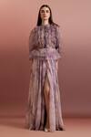 Buy_Pankaj & Nidhi_Purple Chiffon, Organza Round Neck Embellished Ruffle Top And High Slit Skirt Set _at_Aza_Fashions