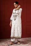 Buy_Sheeshakari_White Silk Embroidery, Sequins Round Neck Kurta Pant Set _Online_at_Aza_Fashions