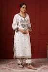 Buy_Sheeshakari_White Silk Embroidery, Sequins Round Neck Kurta Pant Set 