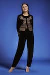 Buy_Naintara Bajaj_Black Polyester Embroidery Round Neck Velvet Jacket And Pant Set _Online_at_Aza_Fashions