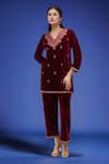 Buy_Samyukta Singhania_Wine Polyester Embroidery V-neck Velvet Kurta Pant Set _at_Aza_Fashions
