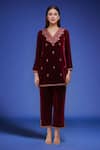 Samyukta Singhania_Wine Polyester Embroidery V-neck Velvet Kurta Pant Set _Online_at_Aza_Fashions