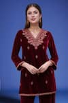 Shop_Samyukta Singhania_Wine Polyester Embroidery V-neck Velvet Kurta Pant Set _Online_at_Aza_Fashions