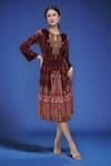 Naintara Bajaj_Burgundy Polyester Embroidery Keyhole Neck Velvet Dress With Belt _Online_at_Aza_Fashions