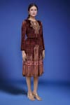 Shop_Naintara Bajaj_Burgundy Polyester Embroidery Keyhole Neck Velvet Dress With Belt _Online_at_Aza_Fashions