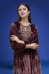 Naintara Bajaj_Burgundy Polyester Embroidery Keyhole Neck Velvet Dress With Belt _at_Aza_Fashions