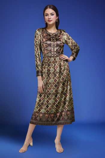 Naintara Bajaj_Green Polyester Round Neck Printed Dress With Belt _Online_at_Aza_Fashions