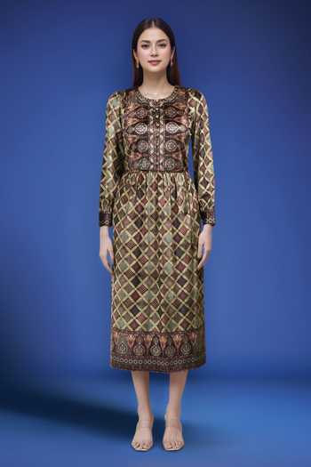 Buy_Naintara Bajaj_Green Polyester Round Neck Printed Dress With Belt _Online_at_Aza_Fashions