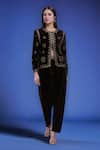 Samyukta Singhania_Black Polyester Embroidery Round Neck Velvet Jacket And Pant Set _Online_at_Aza_Fashions