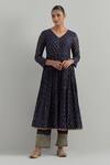 Ikshita Choudhary_Blue Chanderi Embroidery V-neck Block Printed Anarkali Set _Online_at_Aza_Fashions
