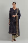 Buy_Ikshita Choudhary_Blue Chanderi Embroidery V-neck Block Printed Anarkali Set _at_Aza_Fashions