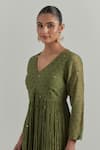 Buy_Ikshita Choudhary_Green Chanderi Embroidery V-neck Block Printed Anarkali Set _Online_at_Aza_Fashions