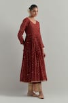 Ikshita Choudhary_Red Chanderi Embroidery V-neck Block Printed Anarkali Set _Online_at_Aza_Fashions