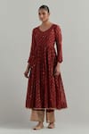 Shop_Ikshita Choudhary_Red Chanderi Embroidery V-neck Block Printed Anarkali Set _Online_at_Aza_Fashions