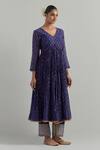 Buy_Ikshita Choudhary_Blue Chanderi Embroidery V-neck Block Printed Anarkali Set 