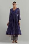 Shop_Ikshita Choudhary_Blue Chanderi Embroidery V-neck Block Printed Anarkali Set 