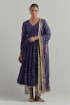 Buy_Ikshita Choudhary_Blue Chanderi Embroidery V-neck Block Printed Anarkali Set _at_Aza_Fashions