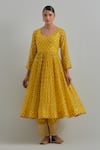 Shop_Ikshita Choudhary_Yellow Chanderi Embroidery Round Neck Block Printed Anarkali Set 